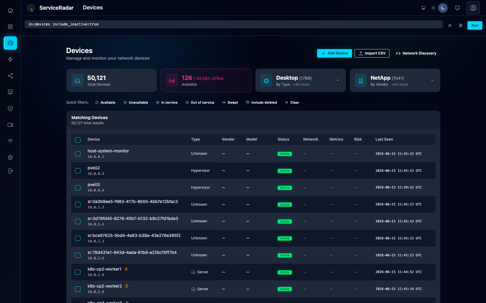 ServiceRadar device inventory listing tens of thousands of discovered devices